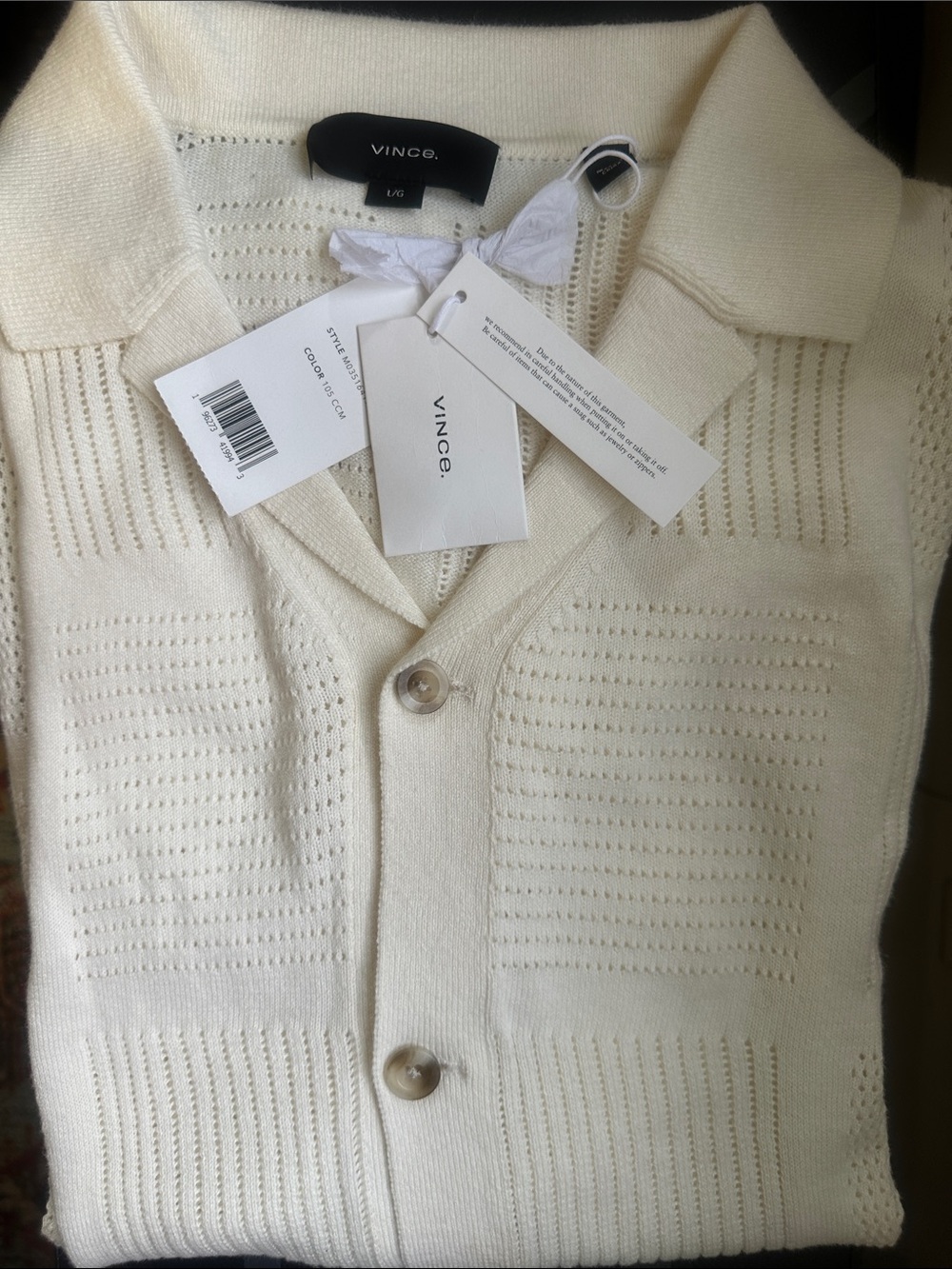 NWT Vince Cream Openwork Knit Button-Front Top (L)